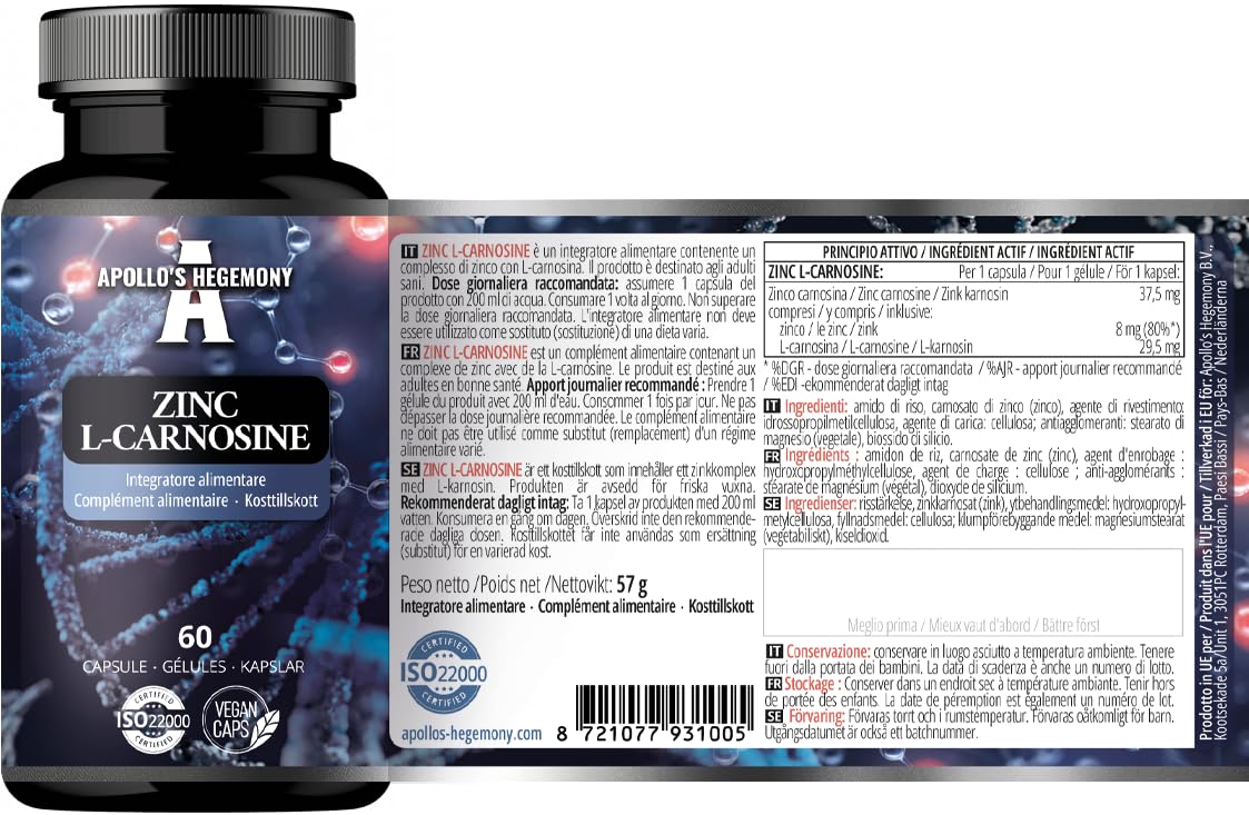 Zinco L-Carnosina 37,5 mg per capsula - 90 capsule vegane - 3 mesi di fornitura - Per la salute di pelle, capelli e unghie - Integratore da Apollo's Hegemony