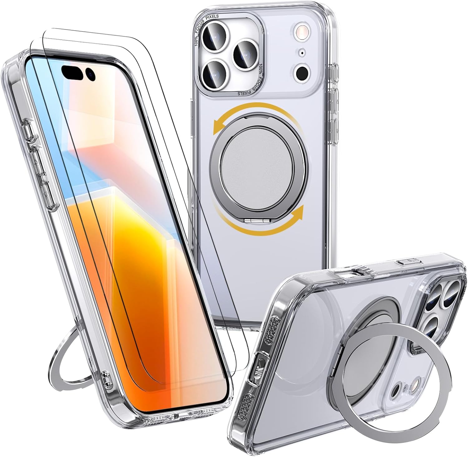 for iPhone 17 Pro Case, with 2 Tempered Glass Film, 360 Spin Magnetic Stand, Compatible with Magsafe, Military-Grade Drop Protection Case, Clear