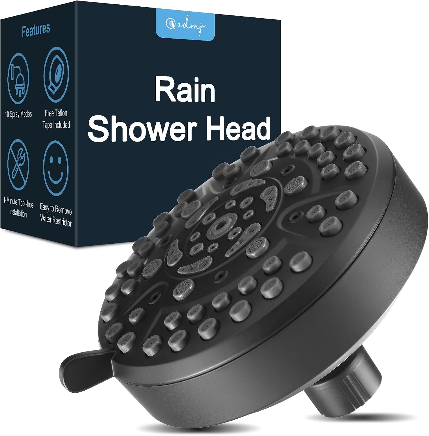 Shower Head, ODMJ High Pressure Rain Shower Head 10 Settings, 4.72 Inch Fixed Showerhead with Adjustable Brass Ball Joint for Low Water Pressure