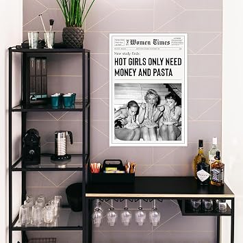 YAXZLWR Vintage Black And White Canvas Wall Art Prints Little Women Fun Newspaper Room Aesthetic Funky Italian Kitchen Girly Decor Hot Girls York News Only Need Money And Pasta Posters