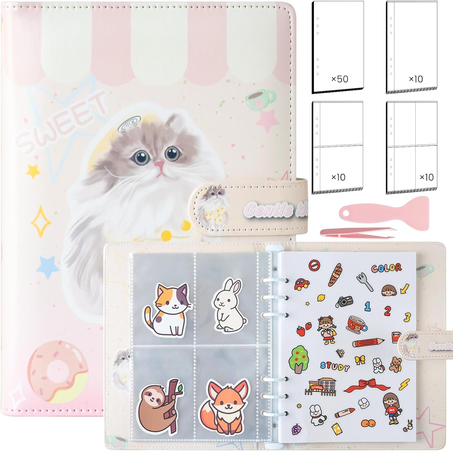 Sticker Collection Book, A5 PU Leather Reusable Sticker Book, 80 Inner Pages, Sticker Storage Album for Kids Adults with Tweezers and Scraper (Floral)