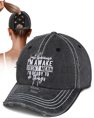 Flafens Women Pony Hats High Ponytail Baseball Caps - Cotton Vintage Washed Distressed Adjustable Criss Cross Trucker Hat - Awake Text