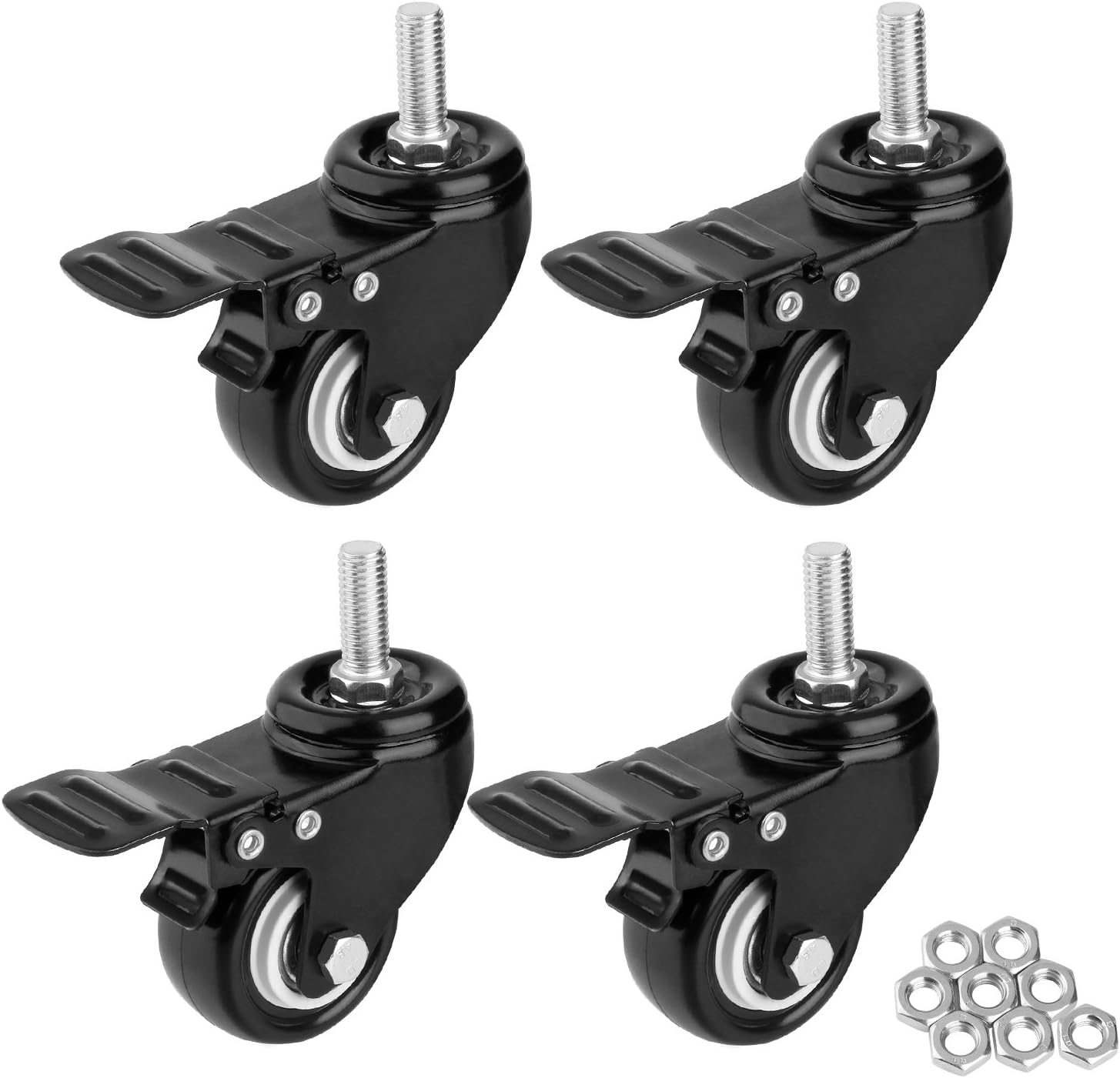 1.5" Threaded Stem Casters with Brake, Heavy Duty Swivel Caster Wheels with M8x25 Threaded Stem and Nuts for Shopping Carts, Trolley, Workbench, Furniture (Pack of 4) (M8x25)