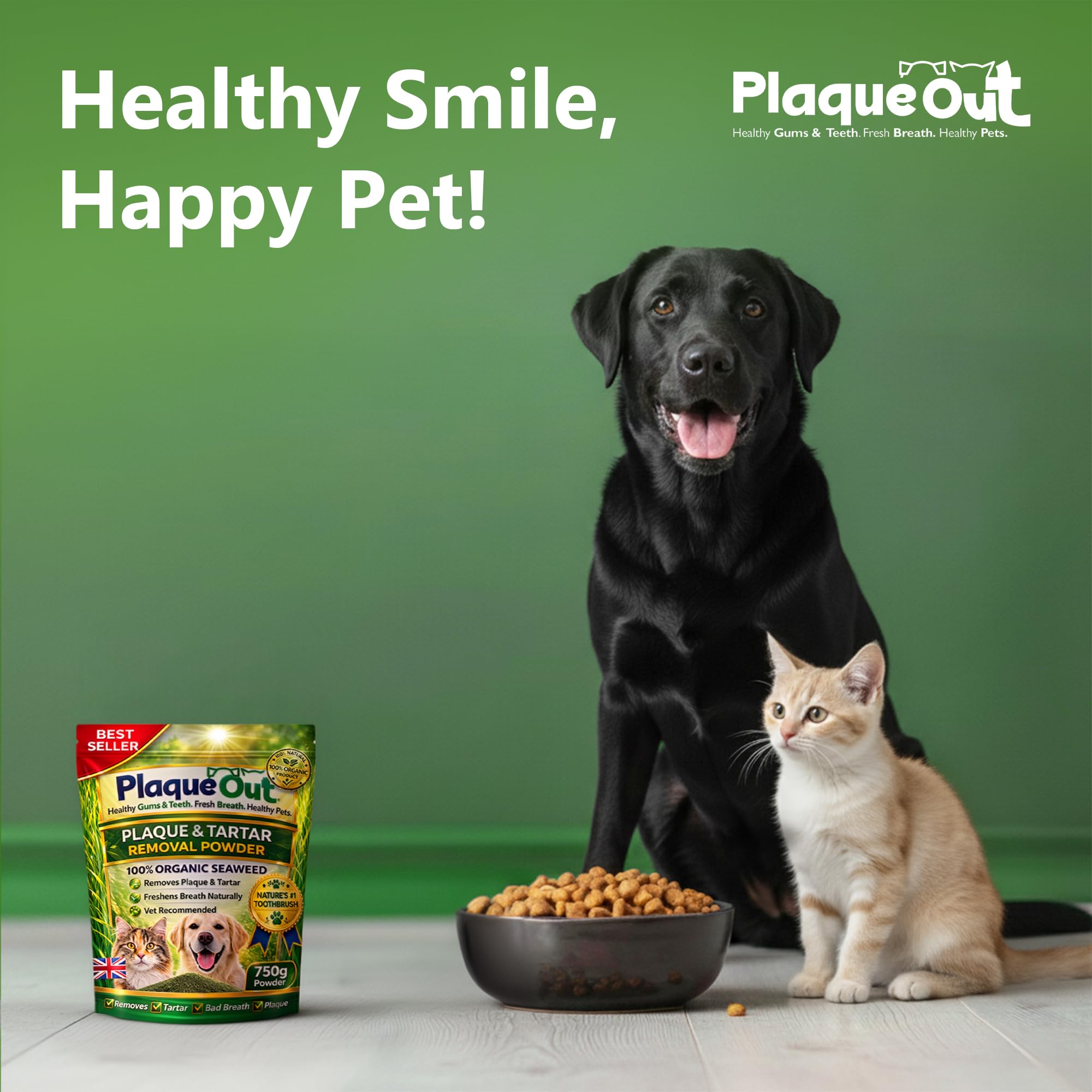 PLAQUE OUT Extractor de placa de sarro en bolsa, 100 % natural y orgánico, cuidado de las encías de los dientes del mal aliento para perros y gatos (750 g)
