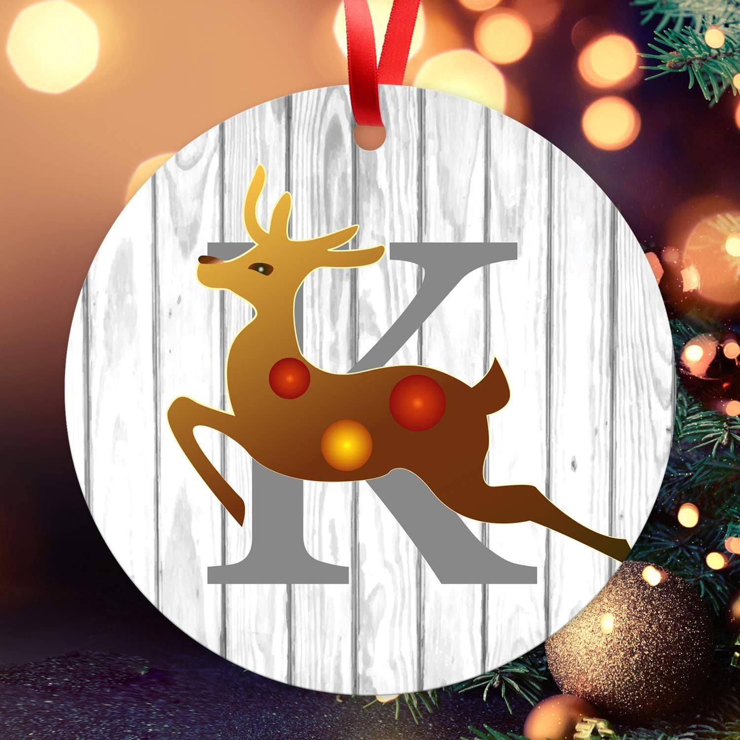 Letter K Monogrammed Metal Christmas Tree Holiday Ornament, Velvet Pouch Included, Large 3.75" Round Metal Ornament