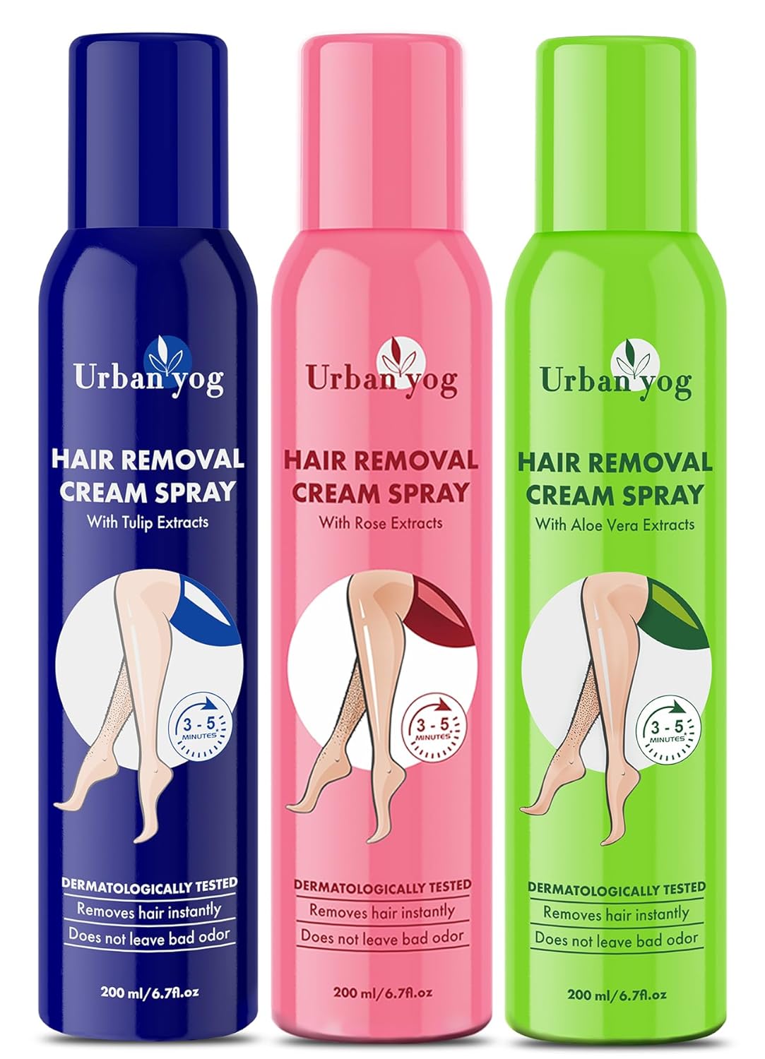 Urban Yog Hair Removal Cream Spray for Women (200 ML * 3 Units) | Combo Flavor – Tulip, Aloe Vera and Rose | Painless Body Hair Removal Cream