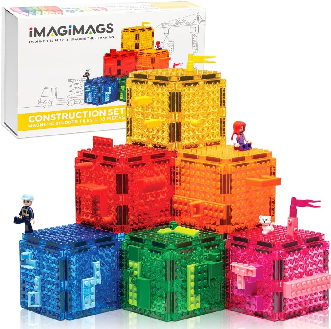 Studded Magnetic Tiles Construction Set – Building Brick Compatible Expansion Pack (18 Pieces) – Connects Magnetic Tiles to Small Building Bricks – Kids 5+
