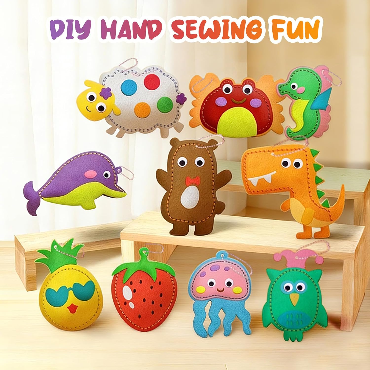 Rusokufo 10 Pieces Felt Sewing Set for Summer, Craft Set for Children with Sea Animals and Fruits, Ideal for Beginners, Includes Filling and Needles D