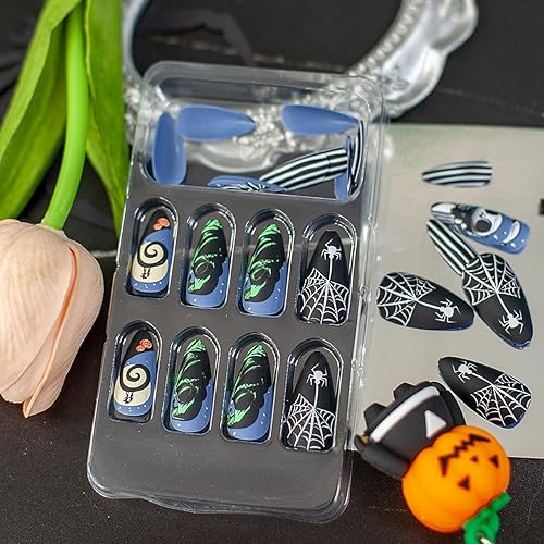 Miniatura 5 de Uñas postizas medianas a presión en forma de almendra de Halloween, con diseño de luna y fantasma, verde fantasma, líneas blancas y negras, uñas con