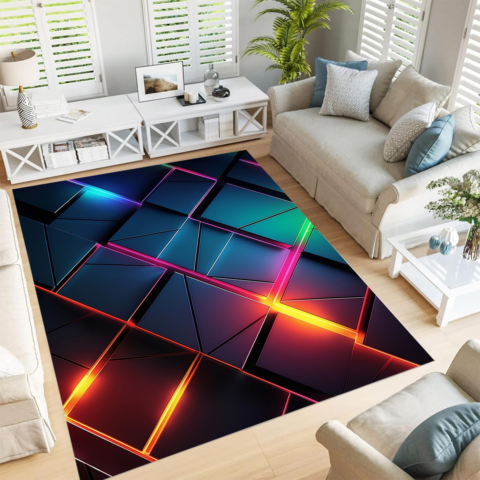 Tapis motif abstrait en treillis lavable en machine pour salon et bureau