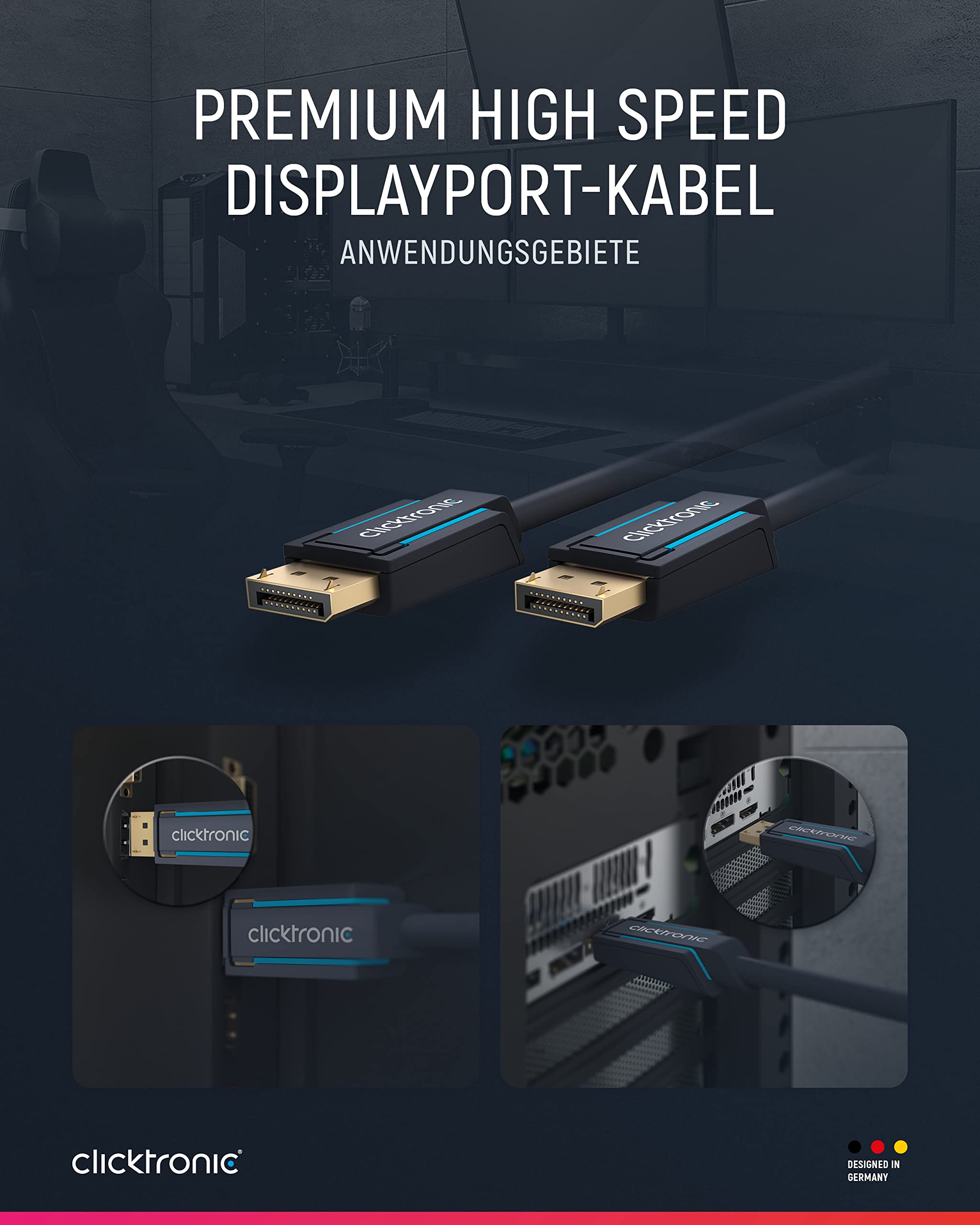 Clicktronic Câble DisplayPort 1.4 avec DisplayPort mâle vers DP mâle / 4320p / 8k / 60 Hz / 2160p / 4K / 120 Hz/UHD/Full HD/pour moniteur de jeu, carte graphique, ordinateur portable, TV, 5m
