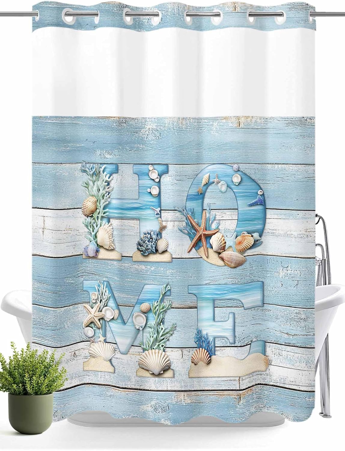 No Hook Shower Curtain with Snap in Liner, Summer Ocean Beach Shell Home Quote Waterproof Bath Curtain Double Layers with See Through Top Window, Farm Blue Wood Board Hotel Shower Curtains