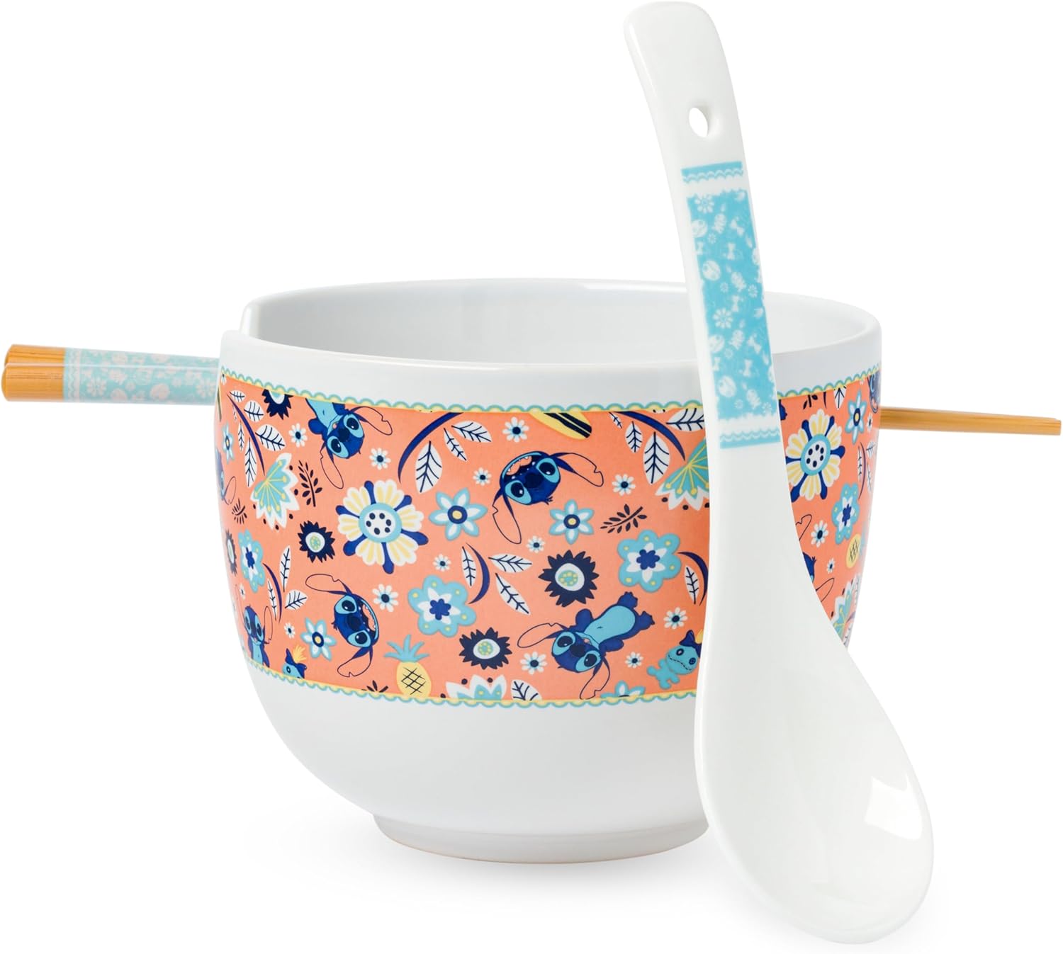 Silver Buffalo Disney Lilo and Stitch Flower and Leaves Pattern Ceramic Ramen Noodle Rice Bowl with Chopsticks and Spoon, Microwave Safe, 20 Ounces