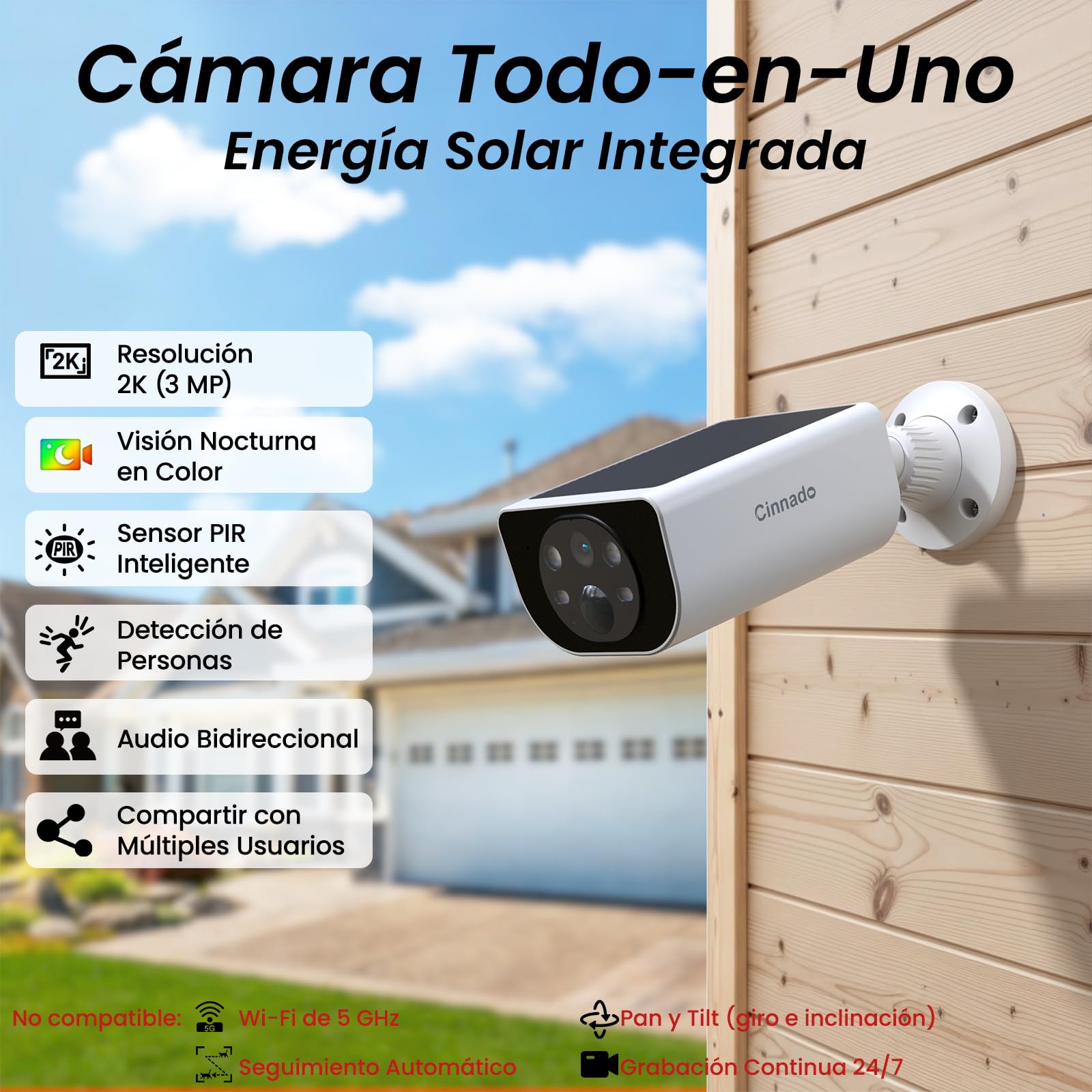 Cinnado 2K Camara Vigilancia WiFi Exterior Solar con Bateria Sin Cables | Camaras de Vigilancia Domicilio con Panel solar, Humana/PIR Sirena, Visión Nocturna Color, Audio Bidireccional, IP65