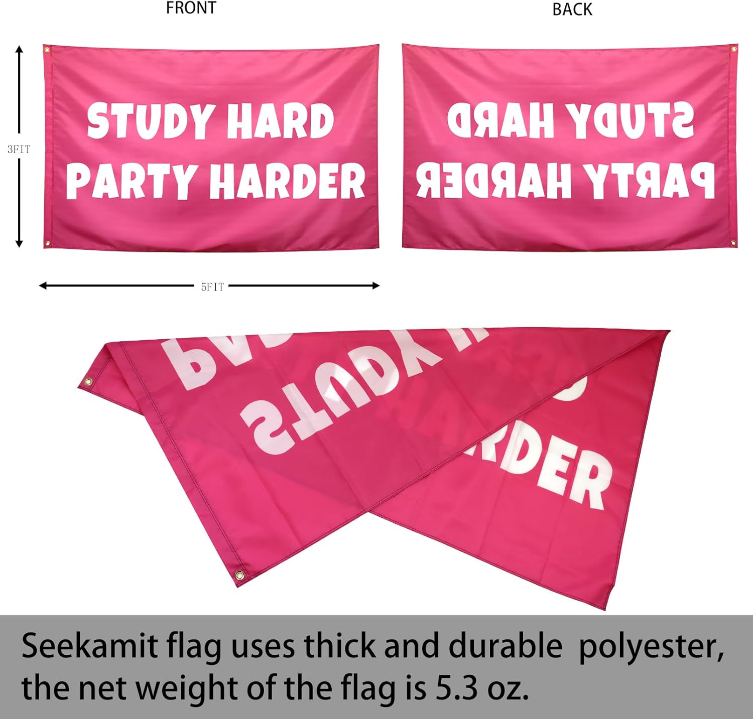 Study Hard Party Harder Flag Pink Funny College Dorm Flags for Girls Cool Girl Flags for Bedroom Room Wall Meme Flags Banner 3x5Ft Indoor Outdoor Garden Décor - Image 2