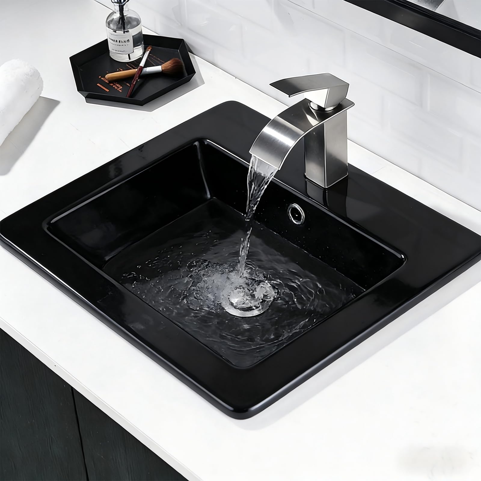 Lavabo en Céramique Noir Mat, 53 x 46 cm, Rectangle, Vasque à Encastrer Moderne, Lavabo de Comptoir avec Trou pour Robinet,Trop-Plein et Bonde de Vidange Escamotable en Acier inoxydable, Salle de Bain