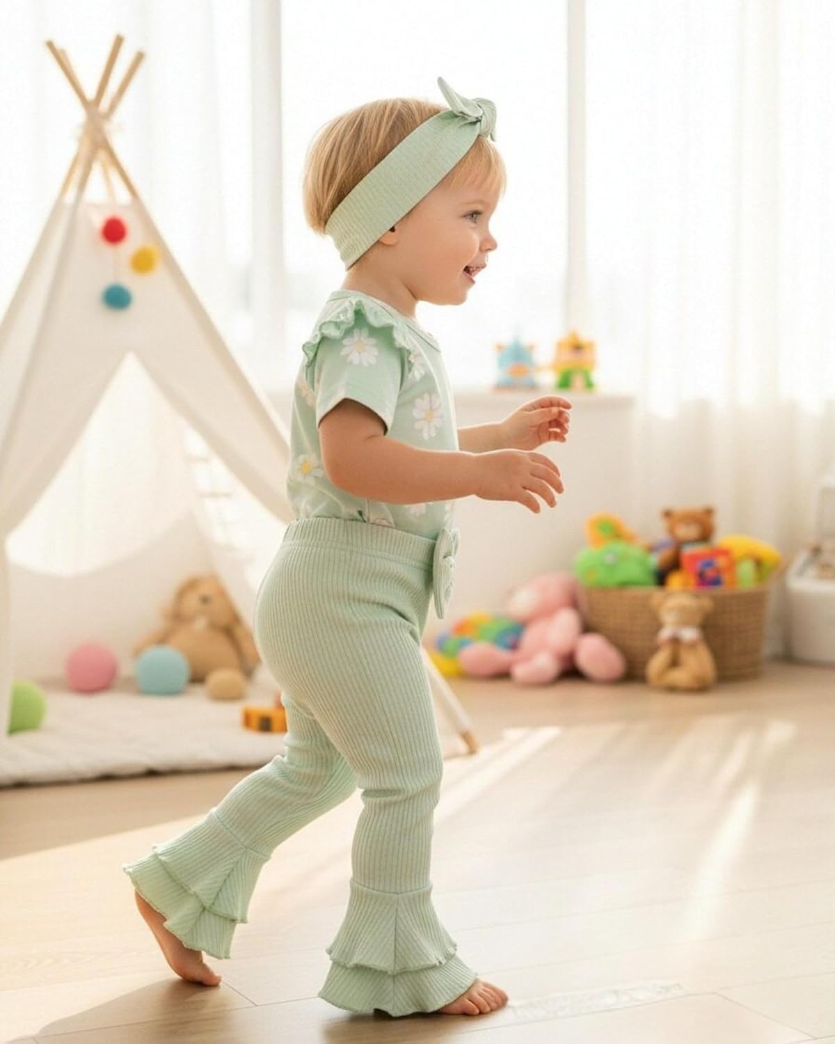 Renotemy Newborn Baby Girl Clothes Infant Romper Spring Summer Outfits Gifts Bell Bottoms Pant Sets for Girls Preemie-12Month - Image 5