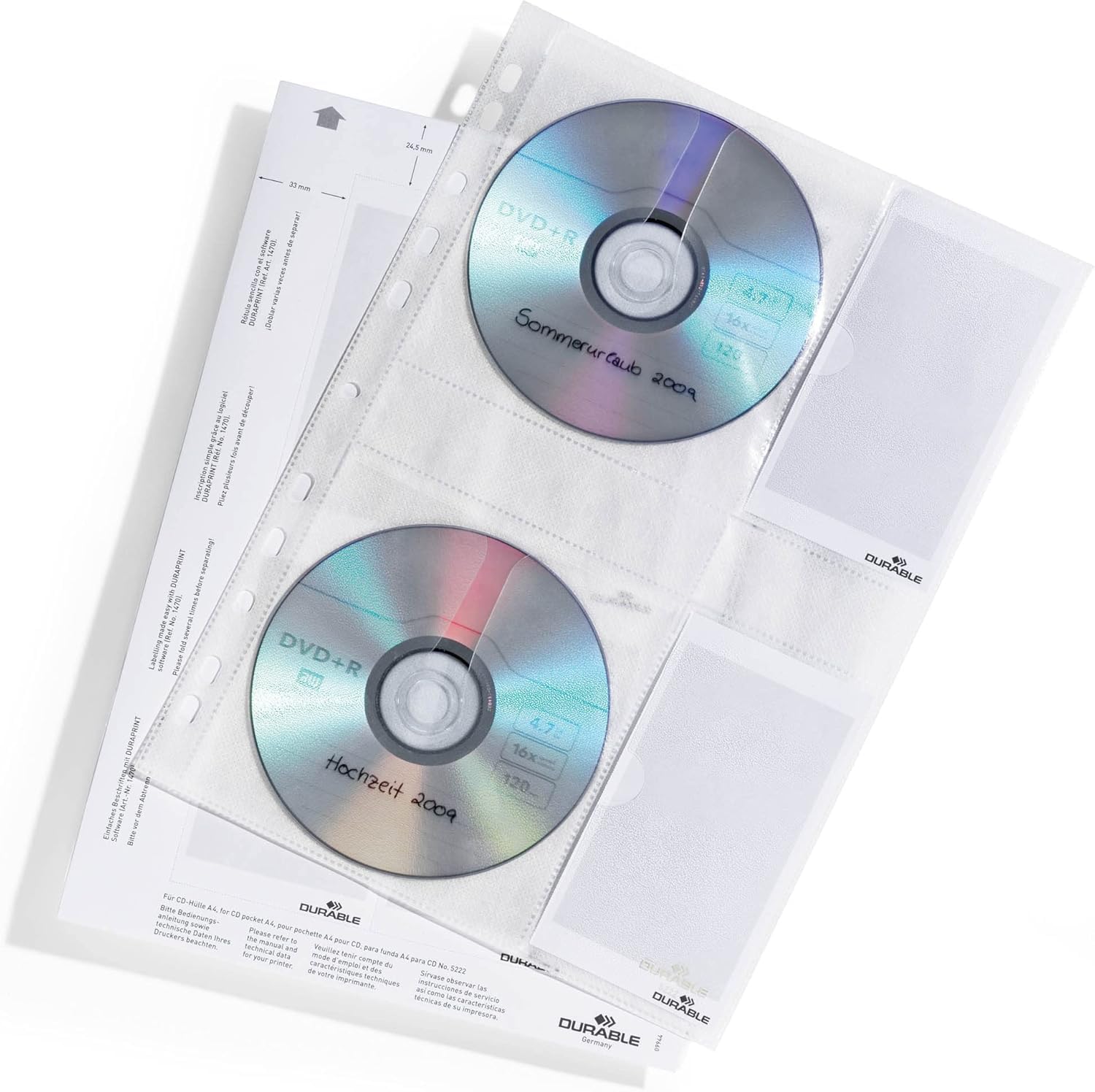 Durable 522219 Koszulki na 4 CD/DVD Cover (A4), opak. 5 sztuk, przezroczyste.