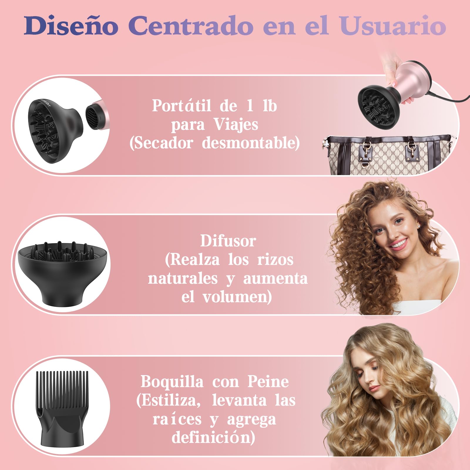Difusor Pelo Rizado Profesional 2 en 1, 1700-2000W, 3 Temperaturas/2 Velocidades, Iones Negativos