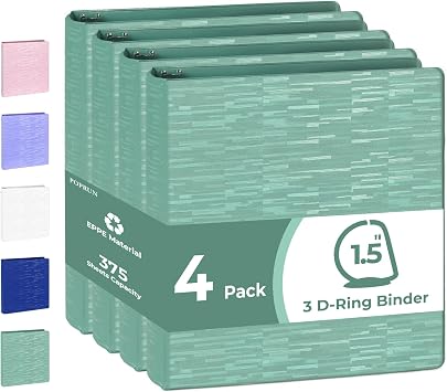 POPRUN D Ring Binder 1.5 Inch, 3 Ring Heavy-Duty PVC-Free Fit 375 ct. 8-1/2"x11" Paper, 4 Pack with 2 Pockets for School Office Supplies, 4 Pack, Midnight Green