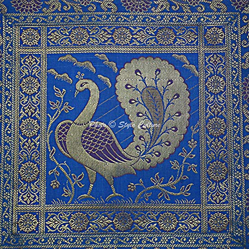 Image of Decorative Brocade Cushion Covers 16x16 Inch Banarasi Jacquard Weave Turquoise & Gold Living Room Peacock Festive Decor Square 40x40 cm Zippered Sofa Settee Pillowcases -Set of 5 Pcs