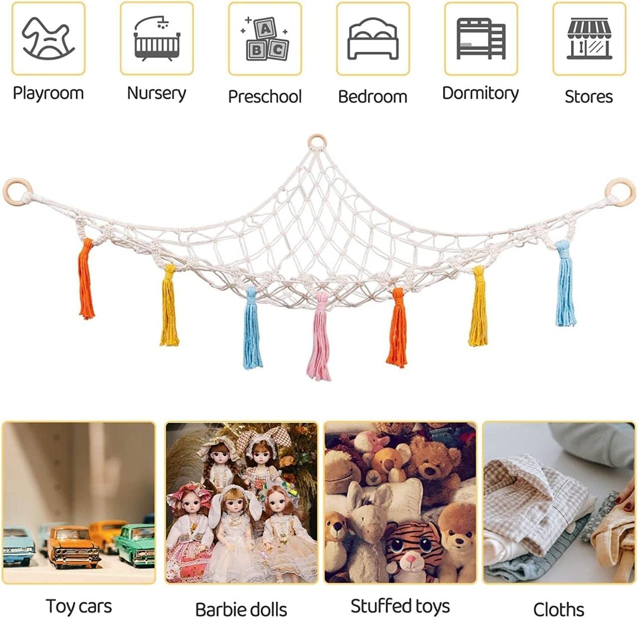 ecofynd Stuffed Soft Toy Organizer, Animal Toy Hammock, Jumbo Capacity Hanging Cotton Storage, Boho Large Corner Plush Toys, Net Holder, Nursery Kids, Play Room, Bedroom, Kid Room (BH010) - Image 5 thumbnail