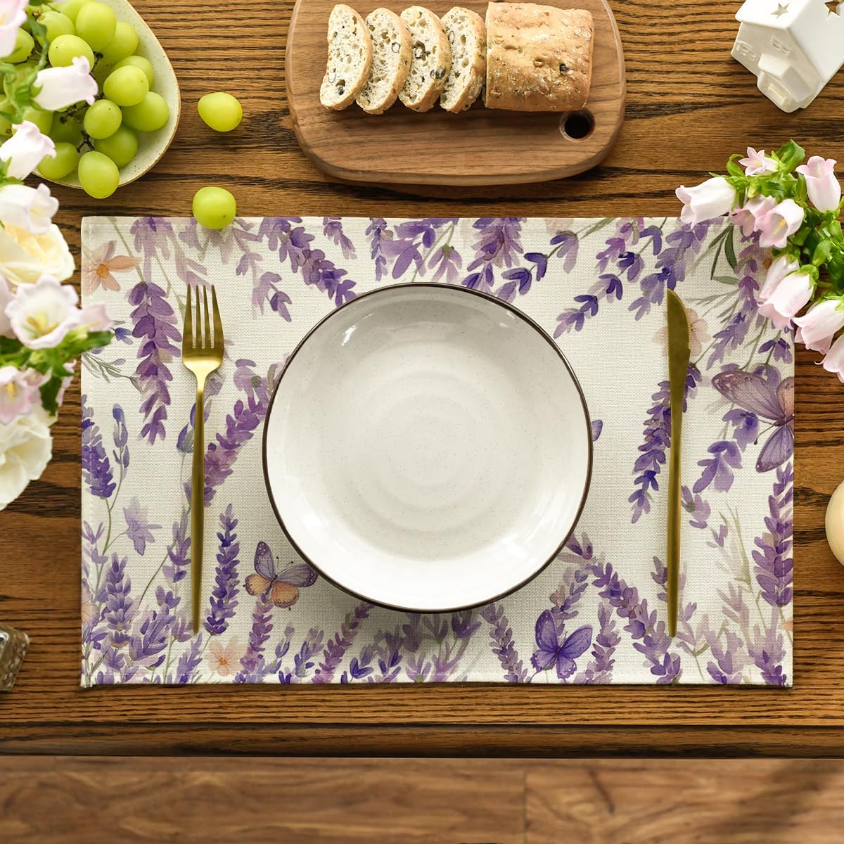 Artoid Mode Purple Lavender Floral Butterflies Spring Place Mats 12x18 Inch Set of 4 and Table Runner 13x72 Inch