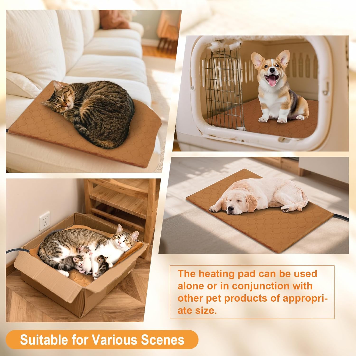 Cat Heating Pad, 6 Adjustable Temperature & 5 Timer Options, 15.7'' x 27.5'' Pet Heating Pad for Cats Dogs, Waterproof Indoor Outdoor Electric Heated Cat Bed Dog Mat with Chew-Resistant Cord (Brown)