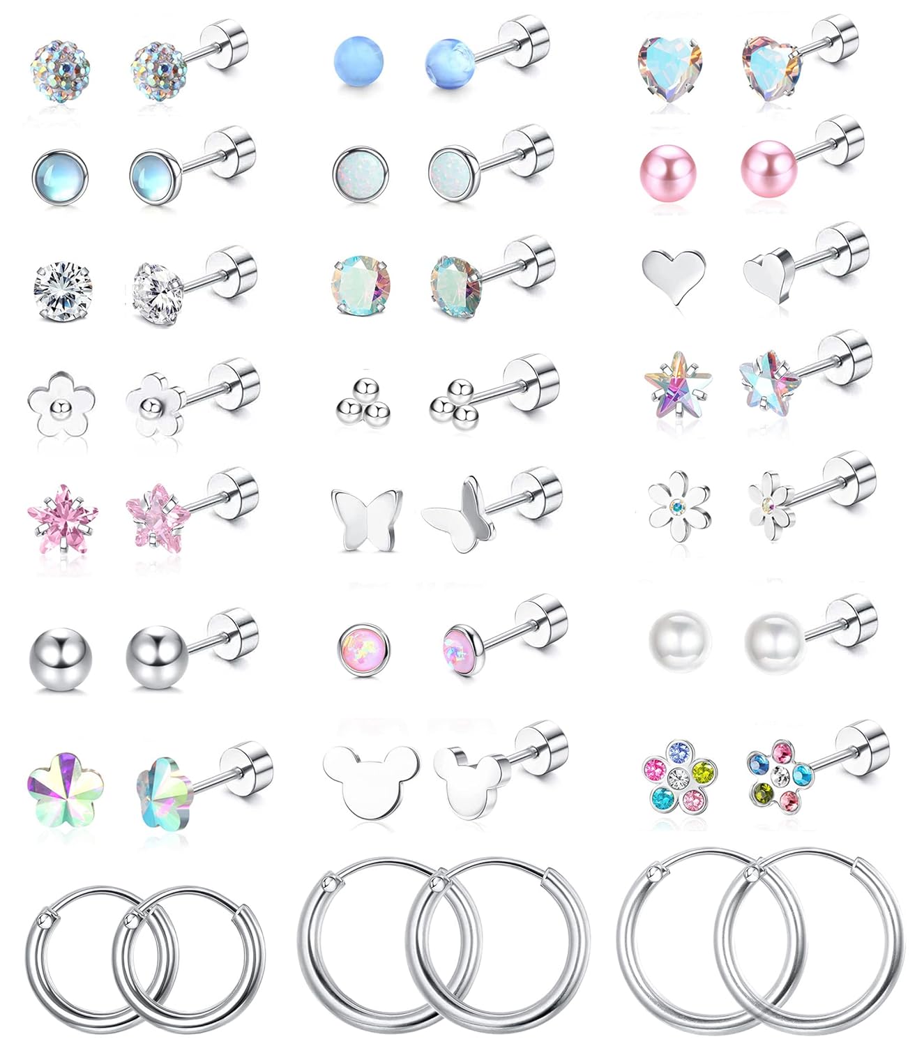 Jstyle 24 Pairs Hypoallergenic Screw Back Earrings for Girls Women Surgical Steel Tiny Heart Flower Flat Back Stud