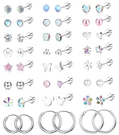 Jstyle 24 Pairs Hypoallergenic Screw Back Earrings for Girls Women Surgical Steel Tiny Heart Flower Flat Back Stud