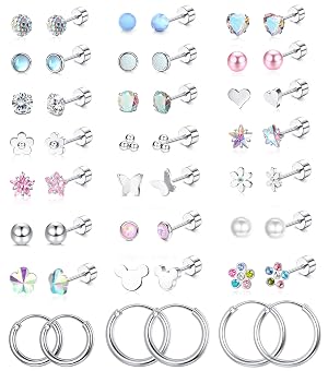 Jstyle 24 Pairs Hypoallergenic Screw Back Earrings for Girls Women Surgical Steel Tiny Heart Flower Flat Back Stud