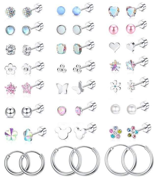 Jstyle 24 Pairs Hypoallergenic Screw Back Earrings for Girls Women Surgical Steel Tiny Heart Flower Flat Back Stud