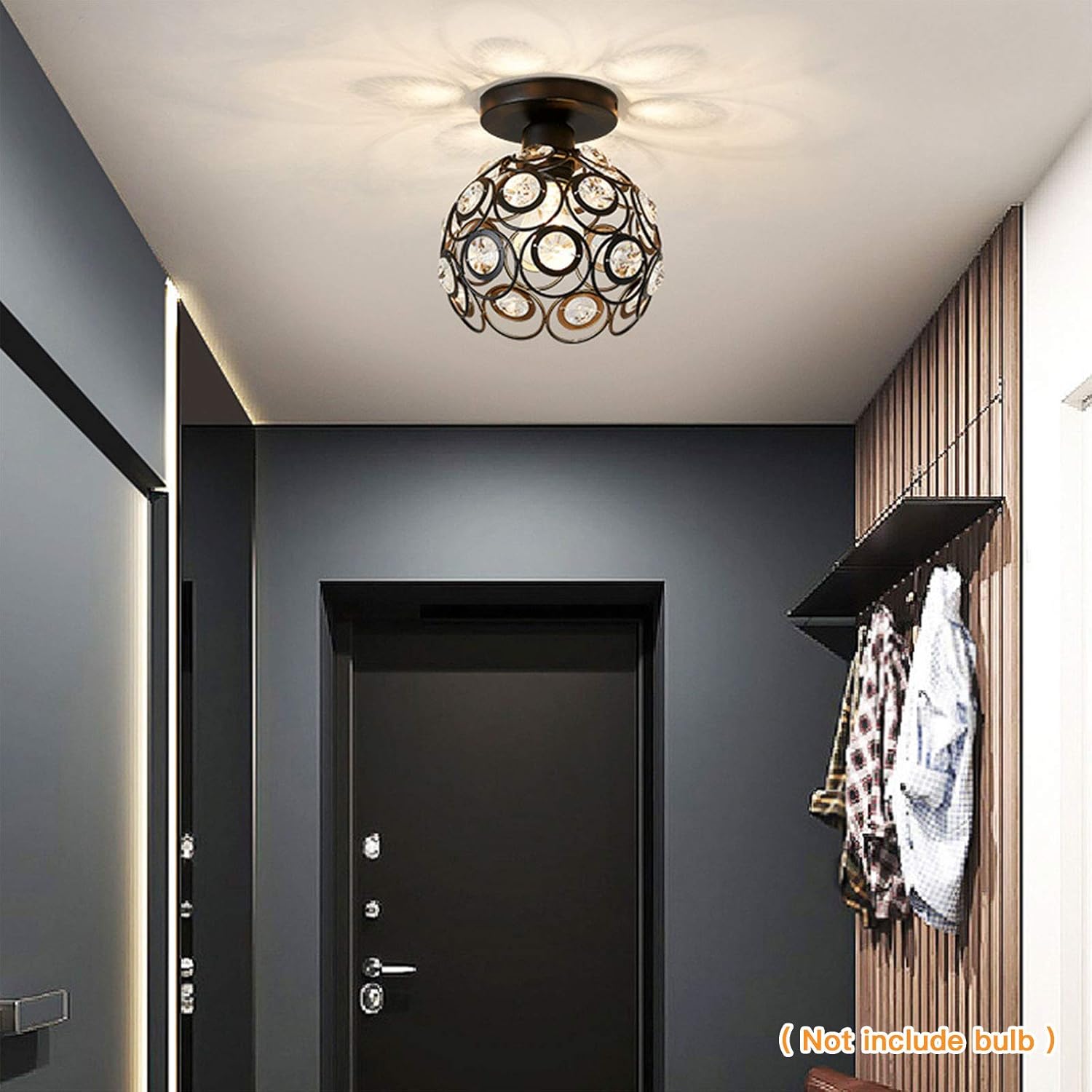 Black Mini Chandelier Light Fixture, Crystal Ceiling Light, Semi Flush Mount Hallway Lights, Small Metal Handmade Chandelier Lamp Covers for Hallway Foyer Entryway Closet Indoor Lighting