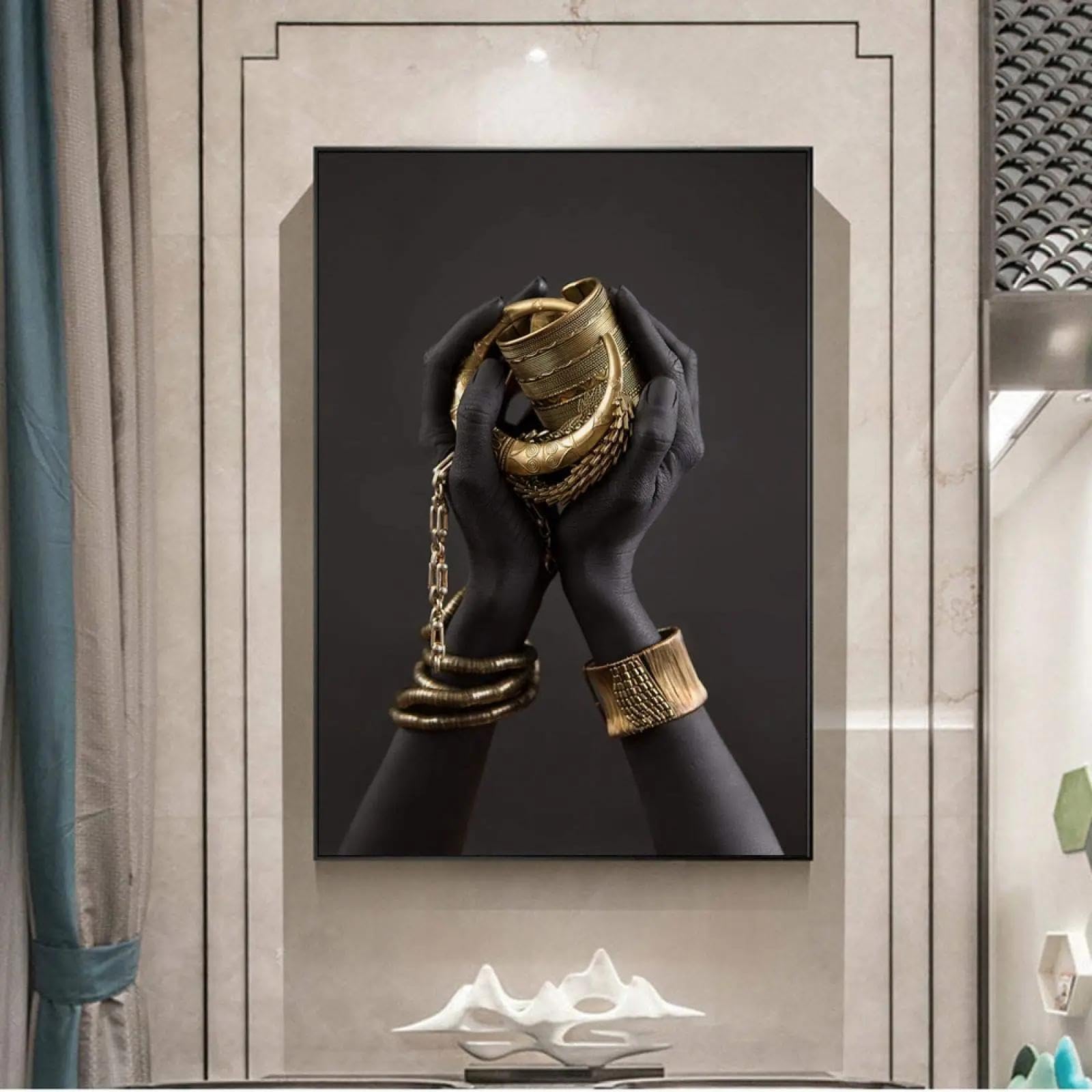 JACBON Porträt-Poster und Drucke, Wandkunst, Leinwandgemälde, dunkelhäutige Frau mit goldenem Make-up, Bilder für Wohnzimmerdekoration, 60 x 85 cm (24 x 34 Zoll), Innenrahmen