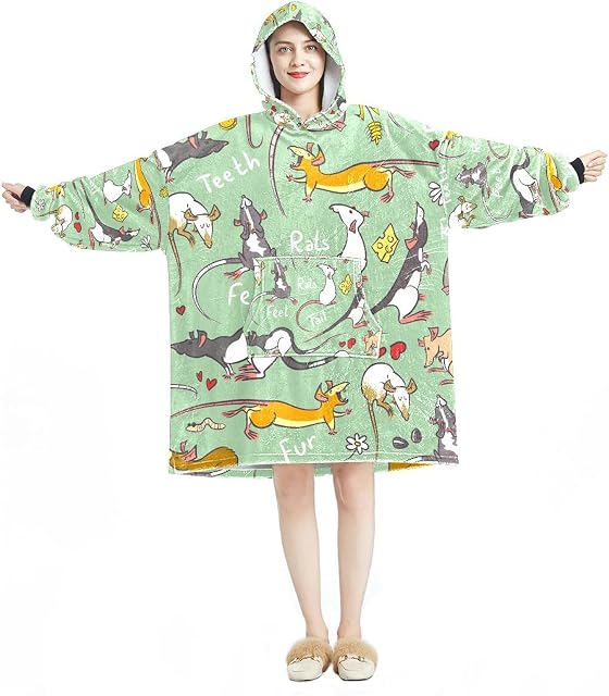 Eslifey Oversized Hoodie Blanket Sweatshirt, Sherpa Flannel Wearable Blanket Hoodies with Pocket for Adults Men Women, Fancy Rat Animal Green