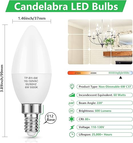 Miniatura 2 de MAXvolador Paquete de 12 bombillas LED E12 para candelabro equivalente a 60 W, 6 W, 600 LM, bombilla de araña de 5000 K, lámpara de vela B11 con