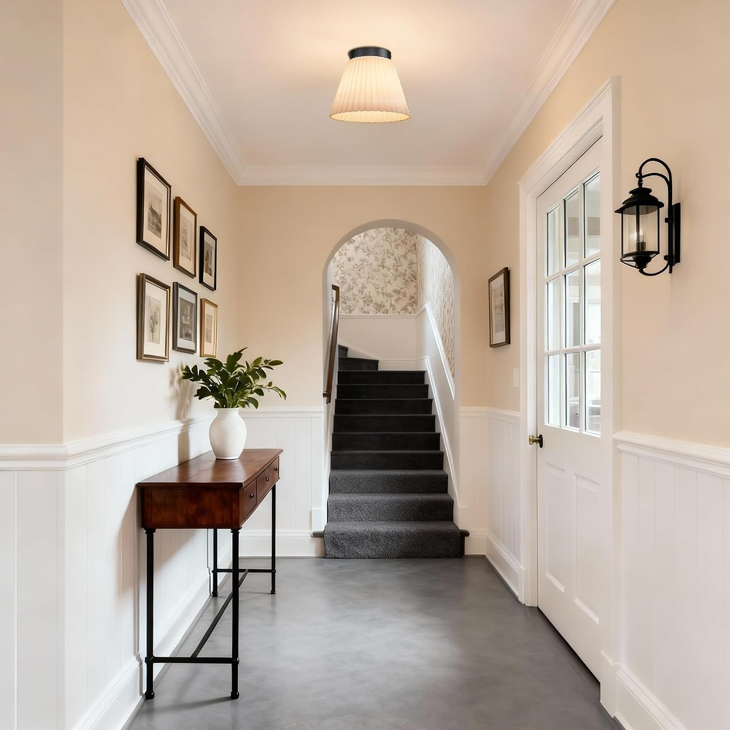 Maxax Modern Black Flush Mount Ceiling Light, 10" Elegant Pleated White Glass & Brushed Black Base for Entryway, Hallway, Corridor, Balcony, Laundry Room, Staircase - E26 Base