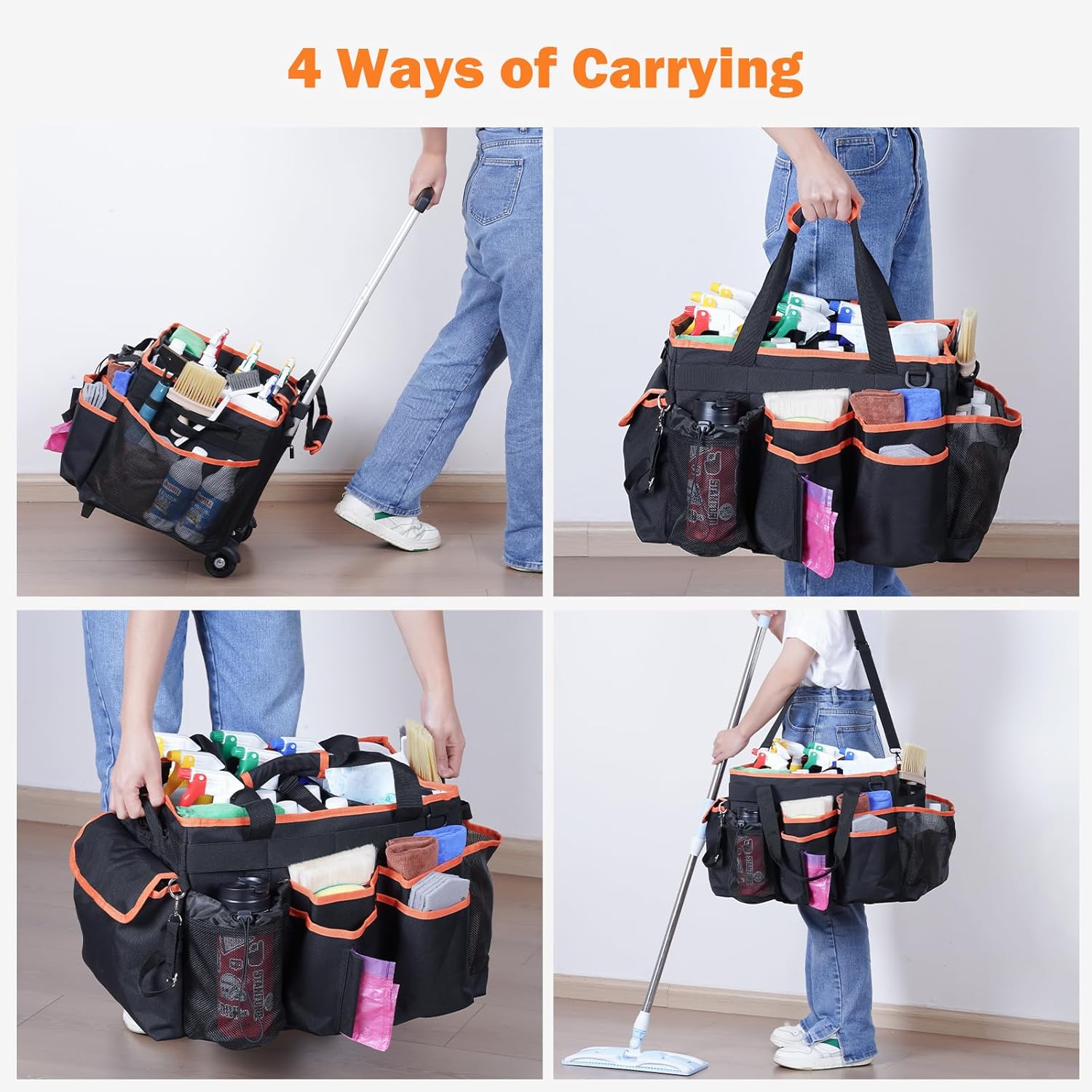 Puricon Cleaning Caddy with Wheels, Professional Portable Rolling Cleaning Supplies Bag with Detachable Trolley Large Cleaning Cart with Handle and Shoulder Strap for Housekeeping -Blackorange