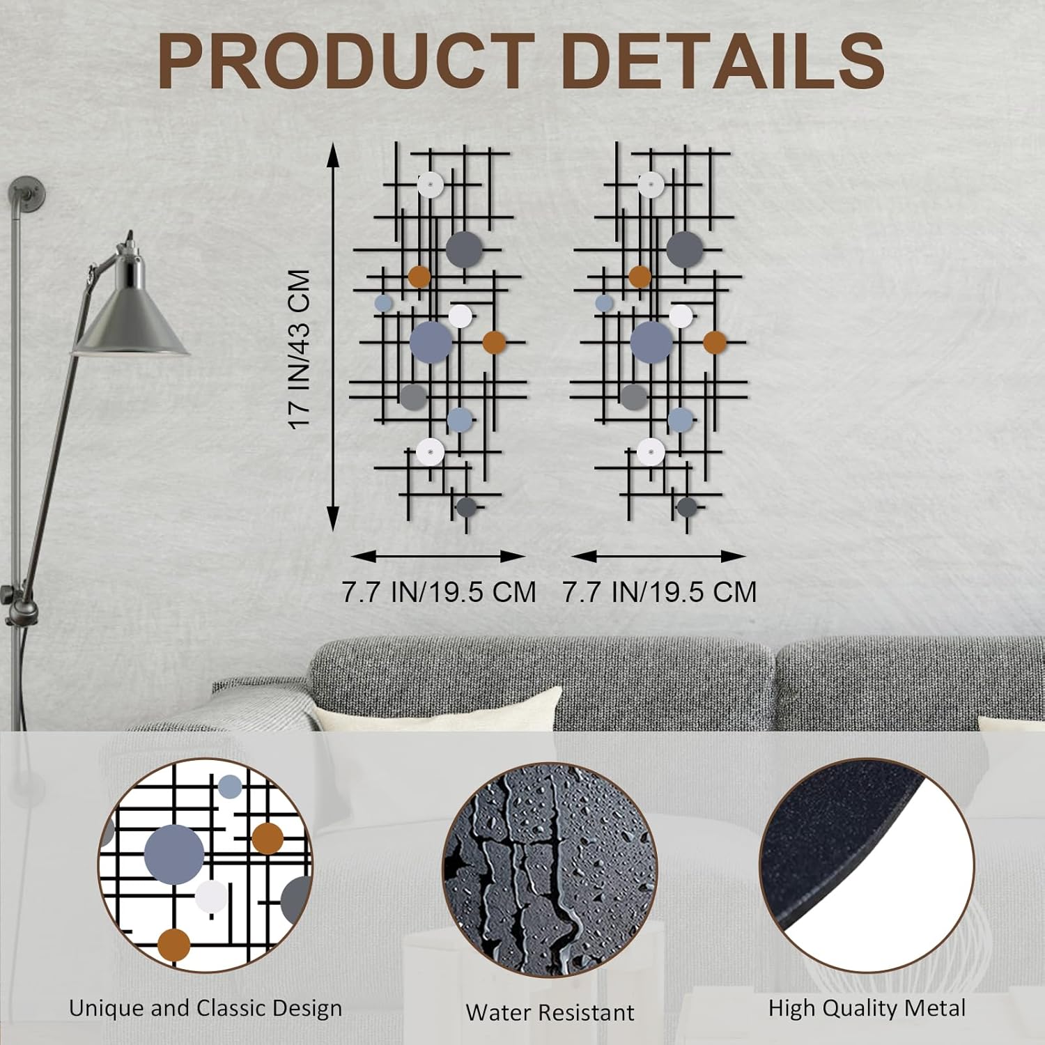 ruelen Set of 2 Minimalist Geometric Wall Decor - Modern Metal Wall Art for Living Room, Bedroom & Office – Abstract 2D Design in Dark Colorful Style
