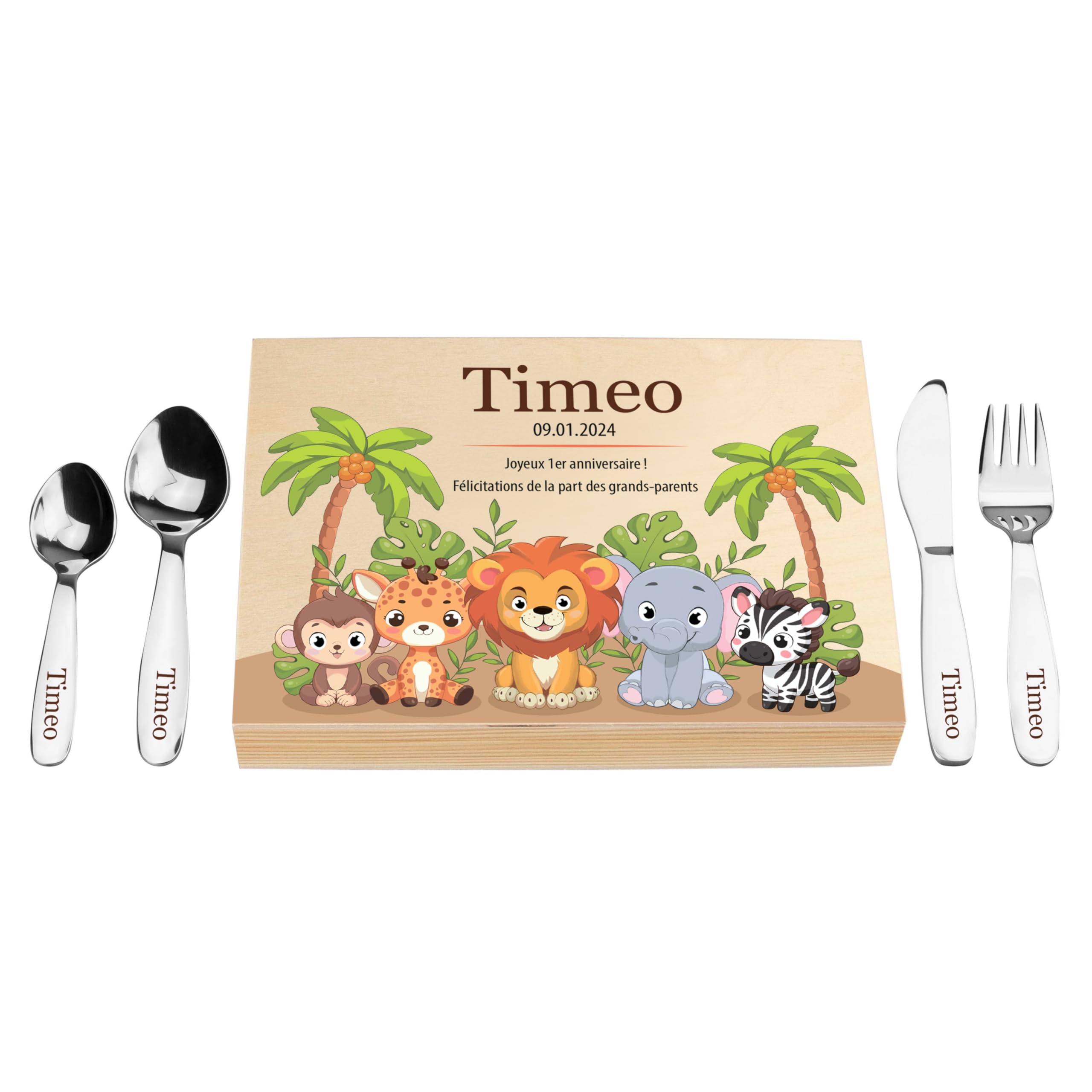 LAUBLUST Couverts pour Enfants gravés - Coutellerie dans boîte en Bois imprimé, Naturelle - Couverts avec prénom | Cadeau de baptême pour Enfants | Couverts de Table en INOX (Safari)