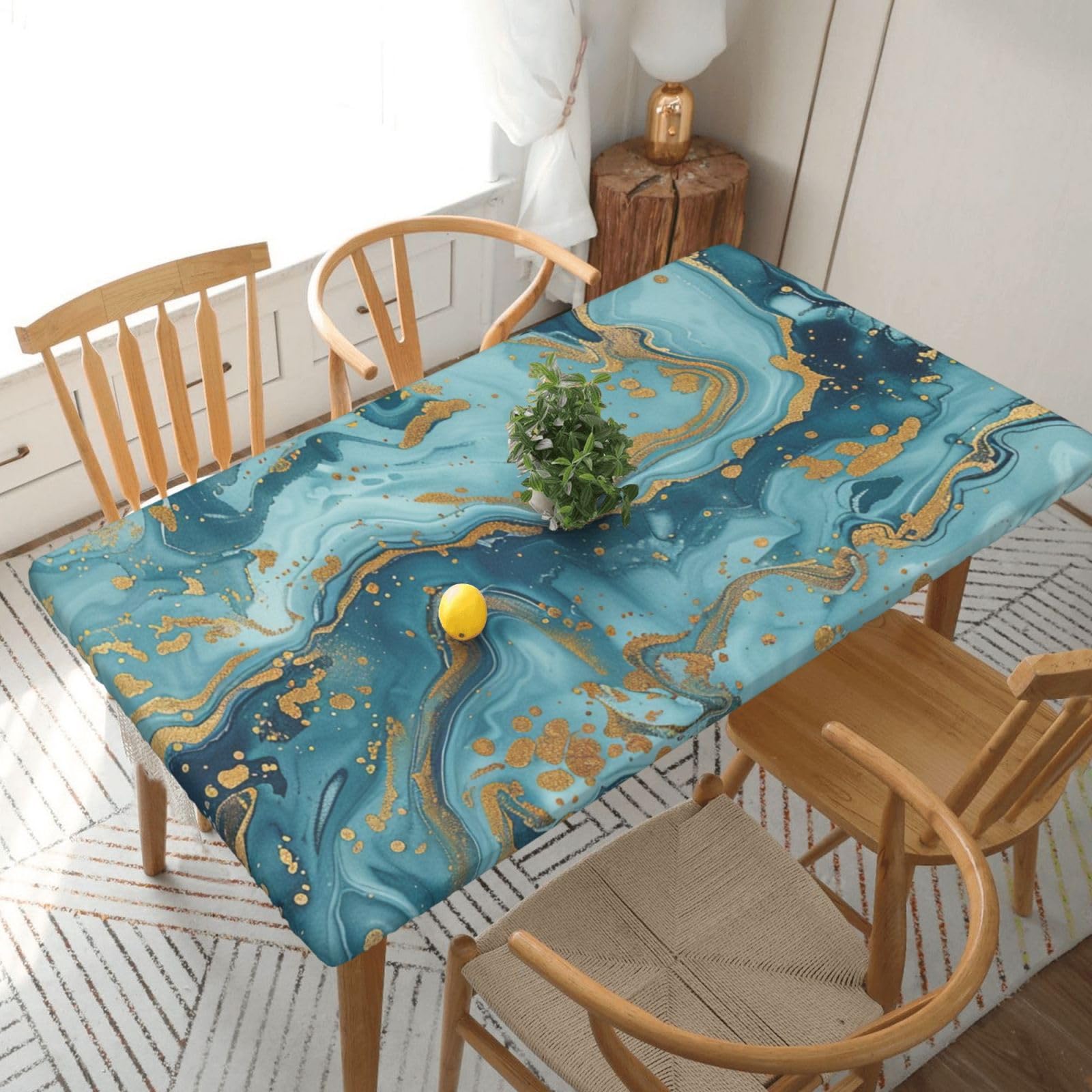 WPKJU Azurite Teal and Foil Gold Oil Marble Pattern Printed Tablecloths 5ft Rectangular Table Covers Washable Polyester Decorative Table Cloth for Dining Table Picnic Wedding