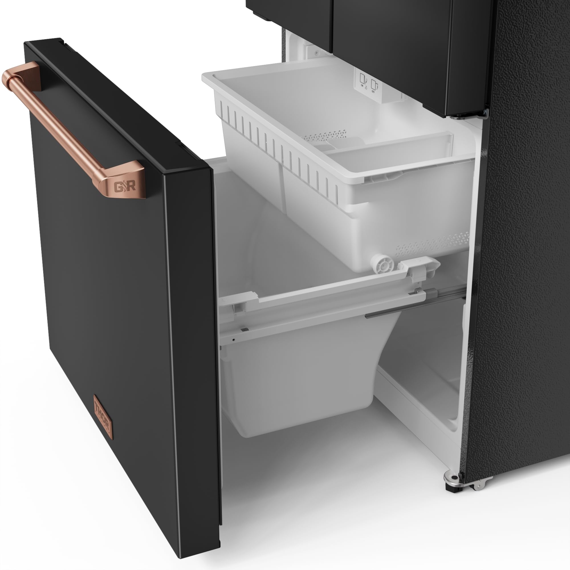 Thor Kitchen Gordon Ramsay 30 Inch 17.7 cu ft French Door Counter Depth Refrigerator with Ice Maker in Black/Rose Gold on Fridge.com