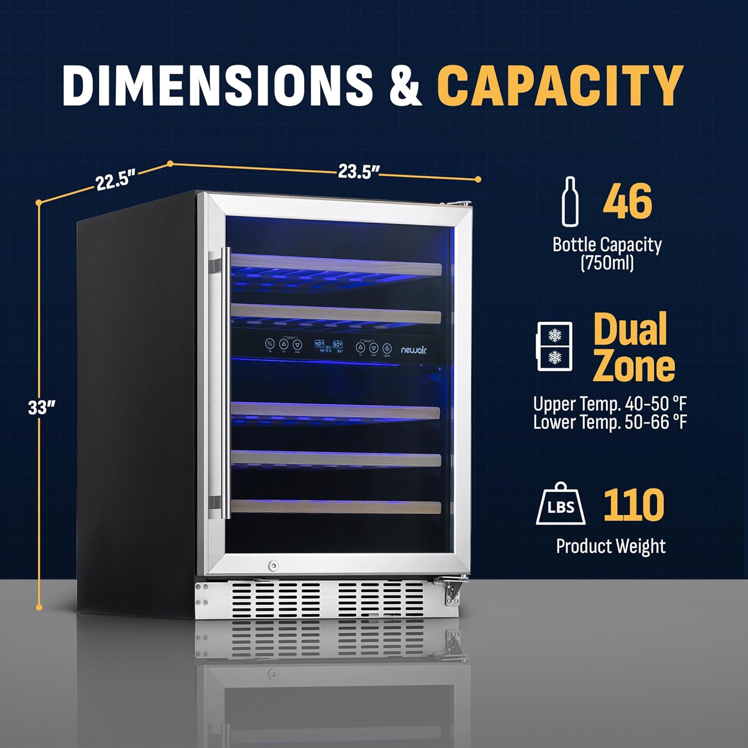 Stainless Steel Dual Zone 46 Bottle Wine Refrigerator with Beechwood Shelves