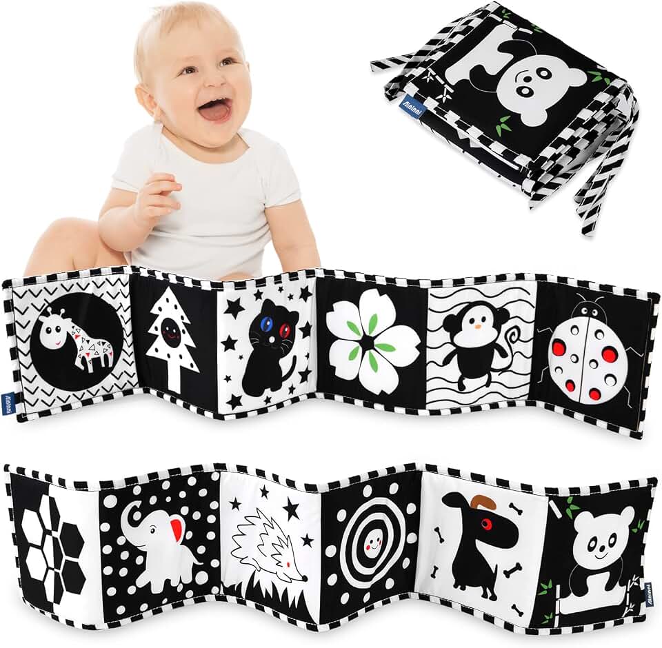 Vicloon Livre D'eveil Double Face en Tissu, Livre Tissu Bébé Livre Noir et Blanc Bébé Pliable Réutilisable, pour 6-12 Mois et Tout-Petits, Favorise développement Cerveau Bébés (Noir-A)