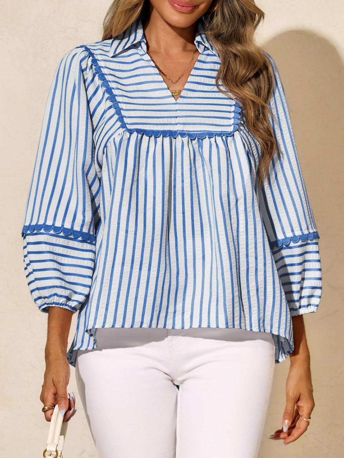 Tankaneo Womens Striped Babydoll Tops Oversized 3/4 Sleeve Peplum Blouse Loose Fit Pleated Cute Shirts - Image 4