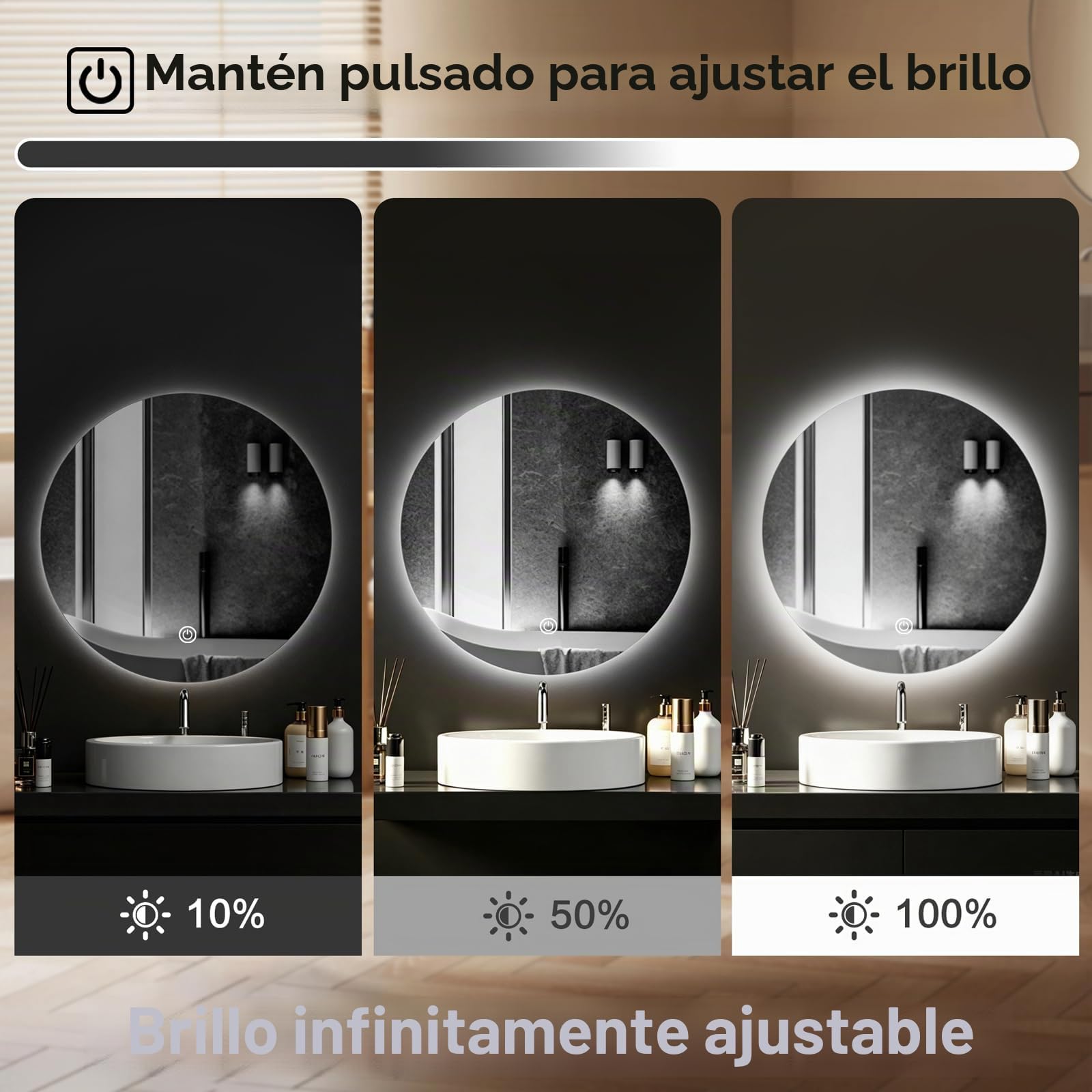 Espejo de baño LED para fregadero, espejo eléctrico redondo de 50 cm con luces retroiluminadas para afeitarse la ducha, montaje en pared sin niebla, iluminación regulable de 3 colores, IP54