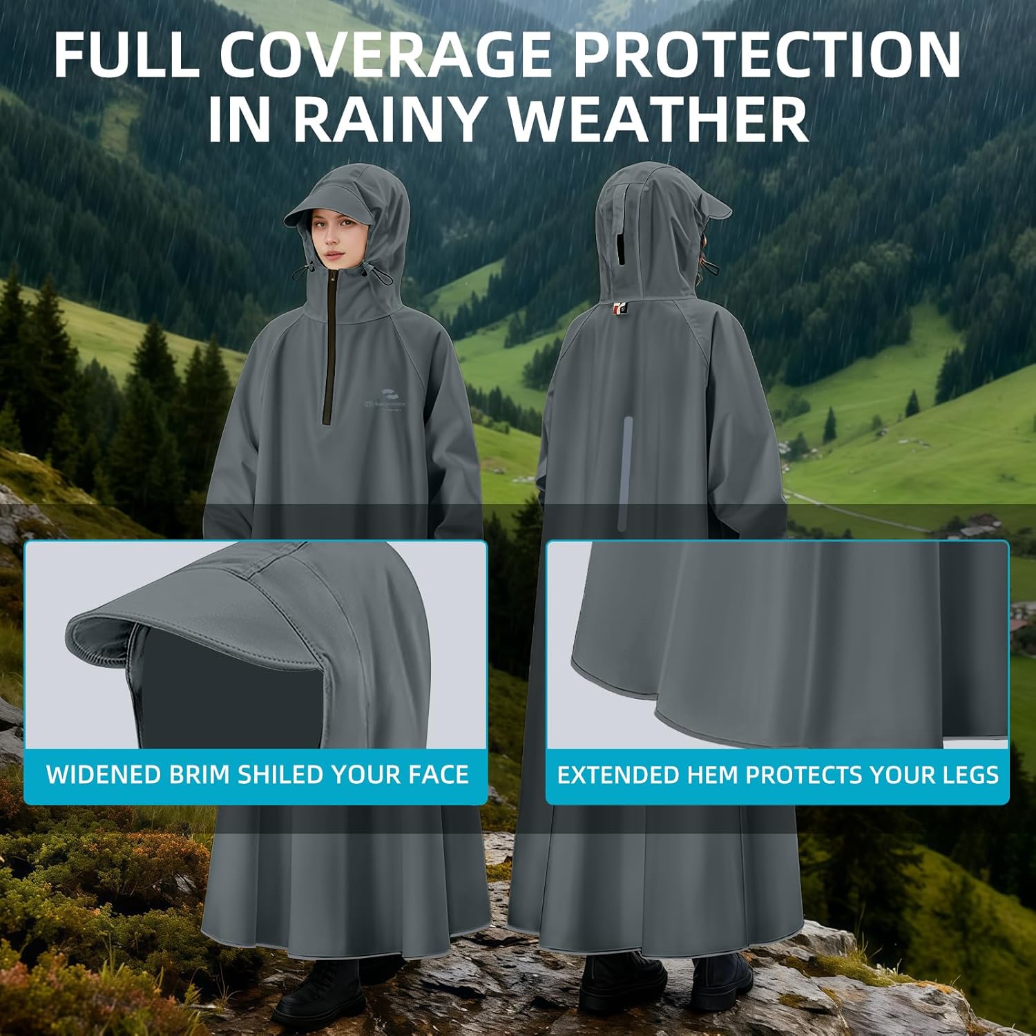 Hooded Rain Poncho for Adults Waterproof Rain Ponchos Lightweight Raincoat Reusable Rain Jacket for Men Women Outdoor - Image 5