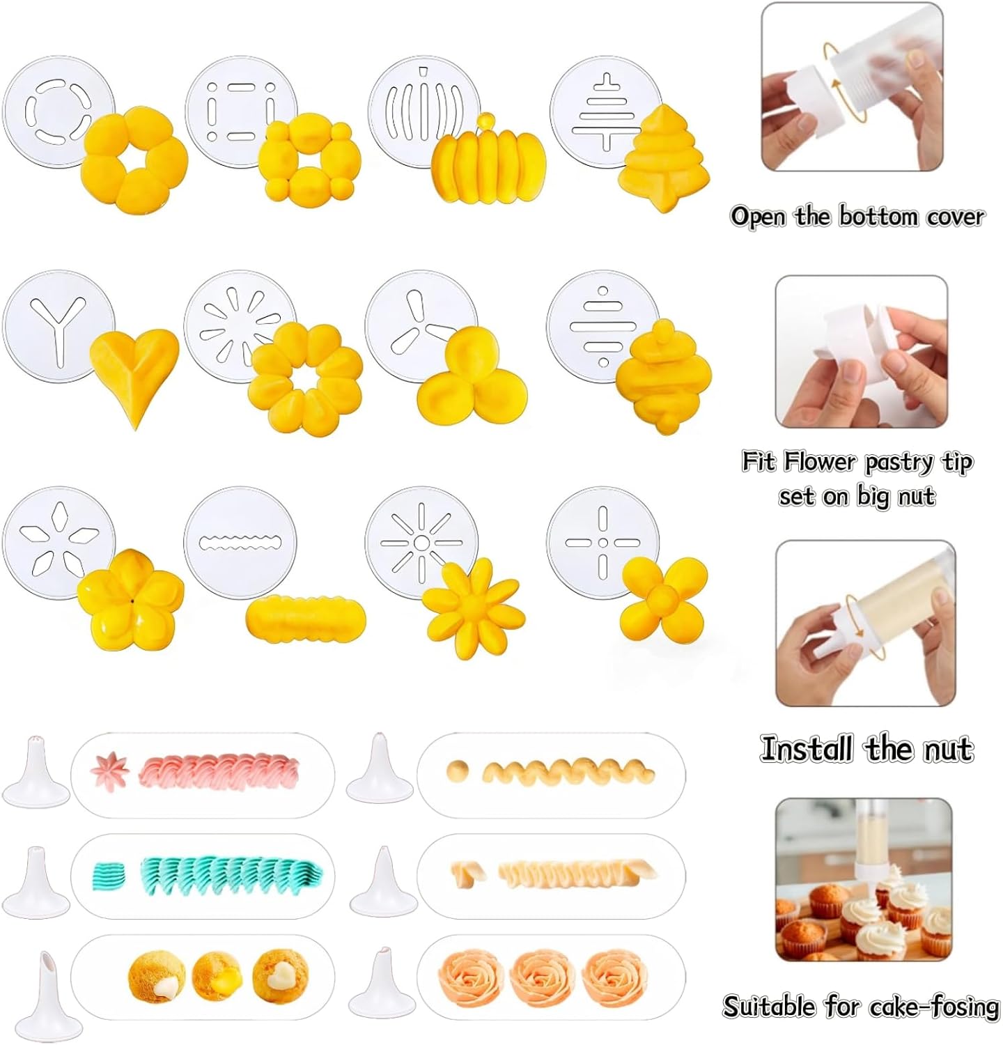 Cookie Press Gun Kit: 12 Discs & 6 Nozzles for Easy Baking. Make Spritz Cookies, Biscuits & Cheese Press. Ideal for Sweet & Cake Decorations. Includes 6 Piping Tips.