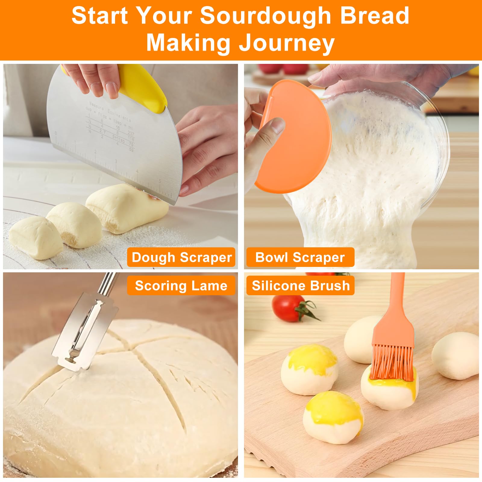 Kit Completo per la Pasta Madre,Cestino per Pane Lievitato In 2 Pz. con Fodera,Imbragatura Per Pane In Silicone,Barattolo di Agente Lievitante Spazzola In Silicone,Set Di Raschietti Per Pasta(A)