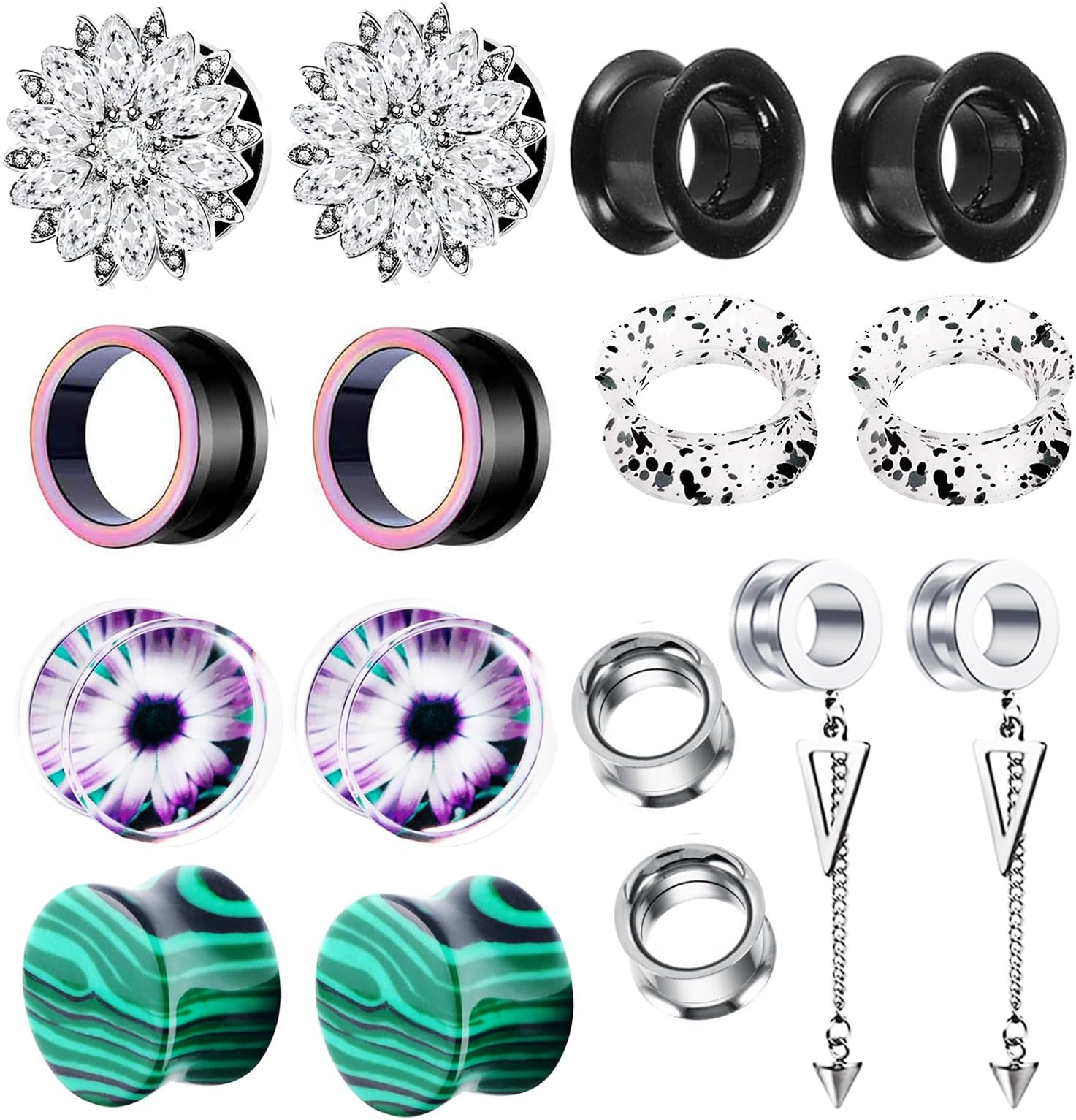 8 Pairs Stainless Steel Ear Tunnels and Plugs Silicone Gauges For Ear Women Dangle Gauge Earrings Piercing Stretchers kit 2G-00G-5/8''